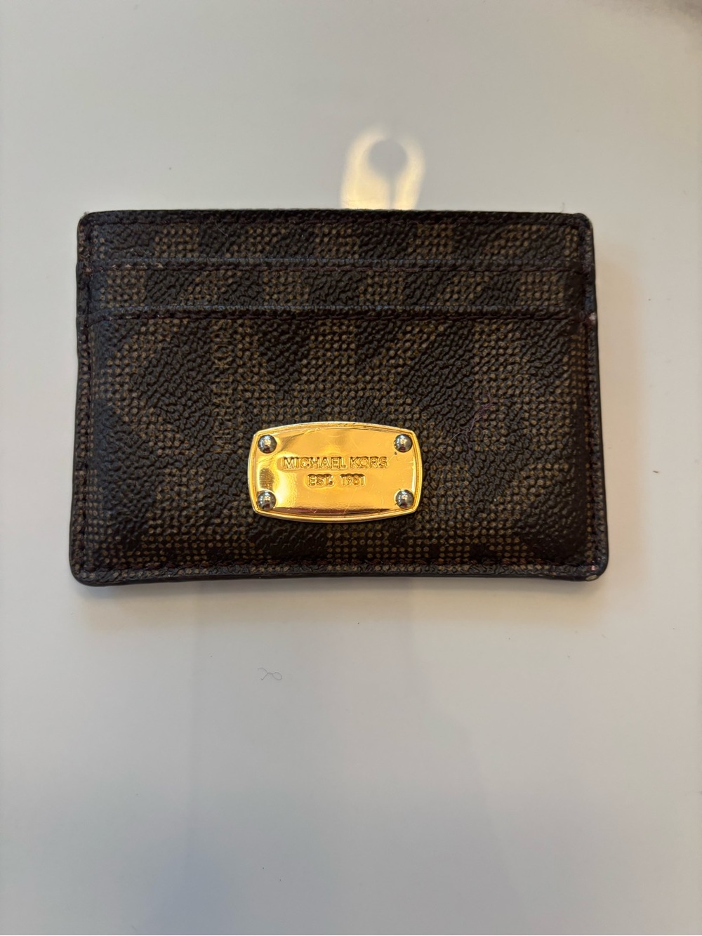 Michael Kors Brown Signature Card Holder with Gold Plaque
